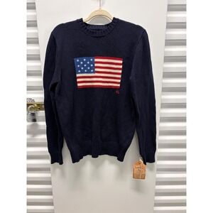 Polo Ralph Lauren Flag Sweater Mens M Navy American Flag Cotton Knit Made USA